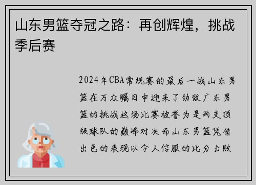 山东男篮夺冠之路：再创辉煌，挑战季后赛