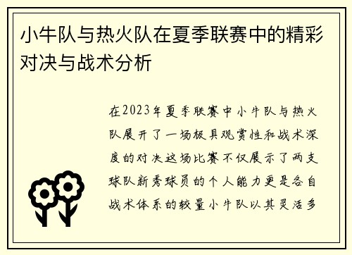 小牛队与热火队在夏季联赛中的精彩对决与战术分析