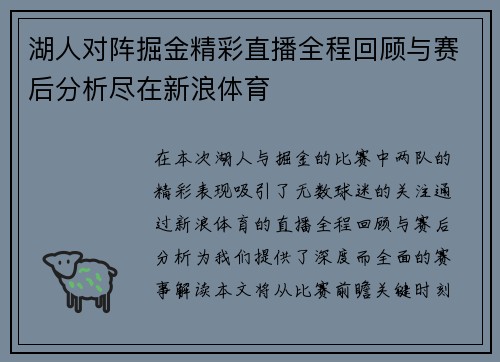 湖人对阵掘金精彩直播全程回顾与赛后分析尽在新浪体育