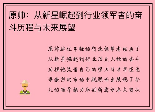 原帅：从新星崛起到行业领军者的奋斗历程与未来展望