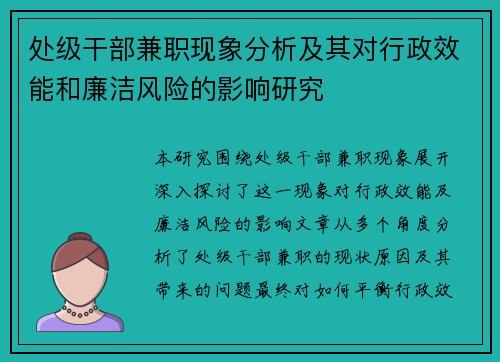 处级干部兼职现象分析及其对行政效能和廉洁风险的影响研究