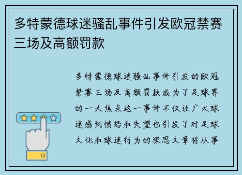 多特蒙德球迷骚乱事件引发欧冠禁赛三场及高额罚款