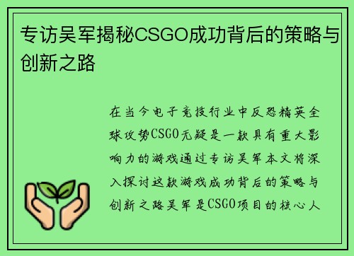专访吴军揭秘CSGO成功背后的策略与创新之路